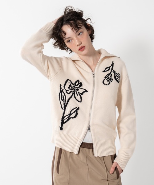 ニット セーター 「ELOOPS」ハイネックフラワー柄ジャガードニットジャケット レディース メンズ ニット セーター 「ELOOPS」ハイネックフラワー柄ジャガード