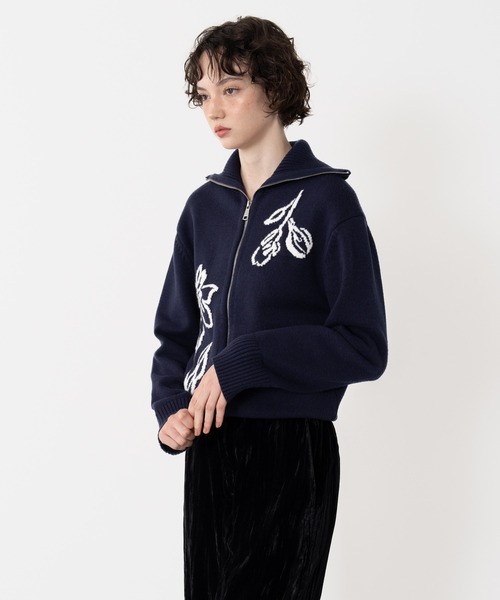 ニット セーター 「ELOOPS」ハイネックフラワー柄ジャガードニットジャケット レディース メンズ ニット セーター 「ELOOPS」ハイネックフラワー柄ジャガード