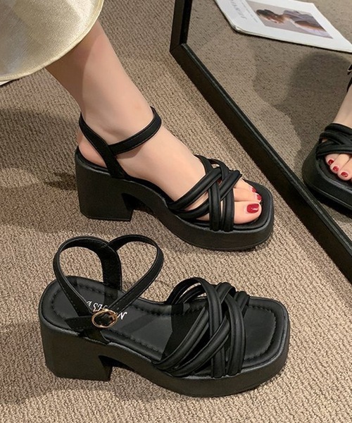 ブラック レザー クロスストラップ サンダル Lace Ladies サンダル レザー調 クロス ストラップ
