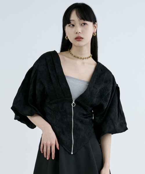 ブラウス シャツ Zip up balloon tops レディース Ezick ブラウス シャツ balloon corset ジャガードブラウス