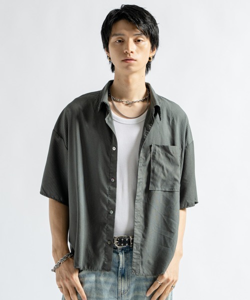 PLAN To シャツ 半袖 Vintage Design Cutoff Stripe Shirts