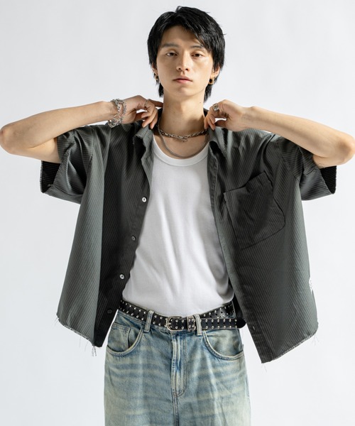 PLAN To シャツ 半袖 Vintage Design Cutoff Stripe Shirts
