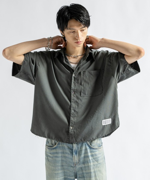 PLAN To シャツ 半袖 Vintage Design Cutoff Stripe Shirts