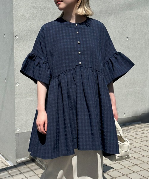 「LAVEANGE」 7分袖ブラウス 5L ネイビー レディース
