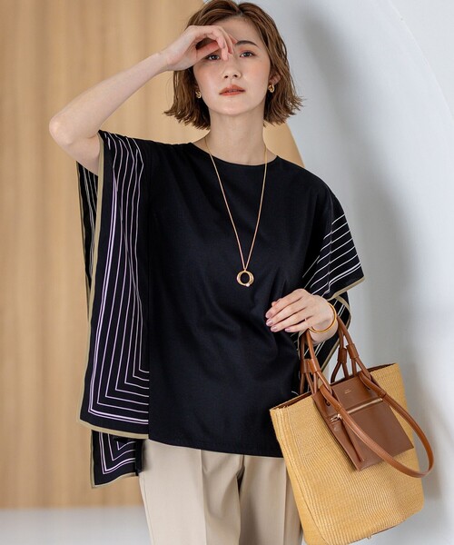 大きいサイズ！汗じみ防止加工スカーフプリントコンビ フレンチスリーブ カットソー tシャツ 「汗じみ防止加工」スカーフプリントコンビ フレンチスリーブ