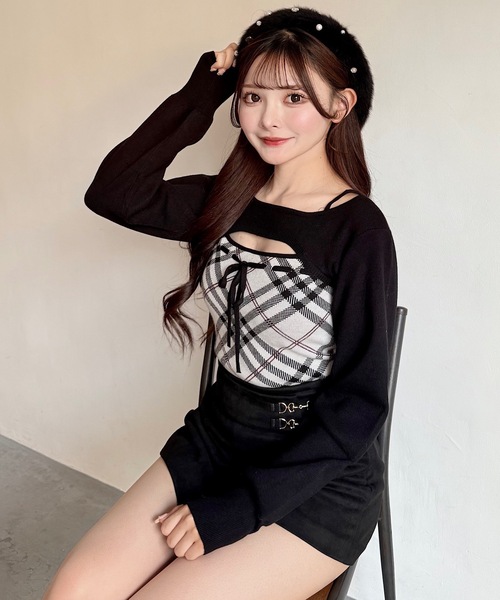 ♥*‪様 NOMAE チェックリボンショートレイヤードニット NOMAE（ノーマエ） ニット セーター チェックリボンショートレイヤード