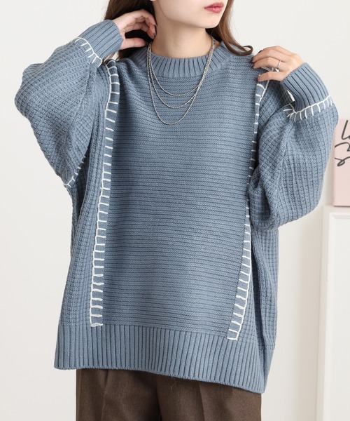 myke ニット セーター 配色ブランケットステッチニットプルオーバー