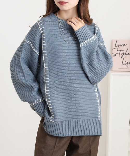 myke ニット セーター 配色ブランケットステッチニットプルオーバー