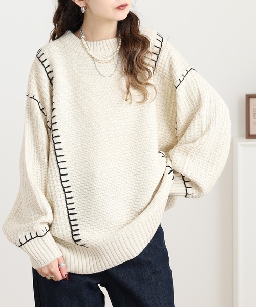 myke ニット セーター 配色ブランケットステッチニットプルオーバー