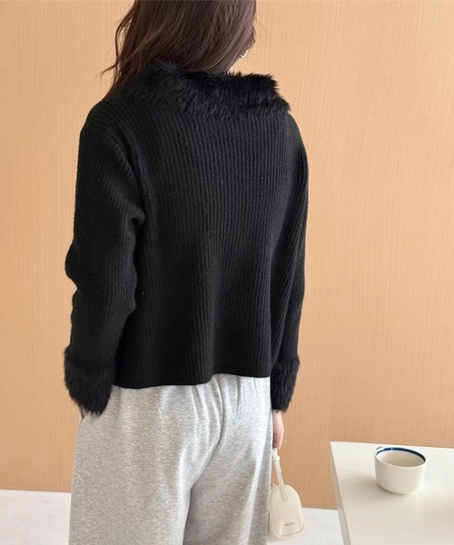 カーディガン ファー付きジップアップリブニットカーディガン