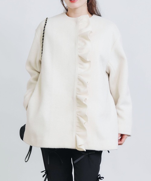 PICCIN PERLA ノーカラーコート コート フロントフリルショートコート