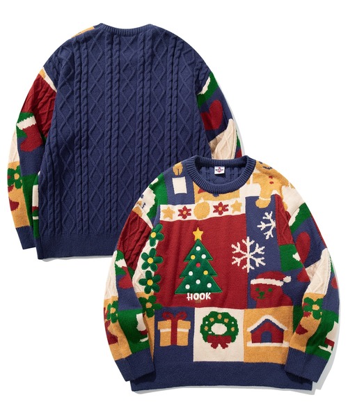 セーター ニット HOOK -original- 厚手パッチワーククリスマスニット