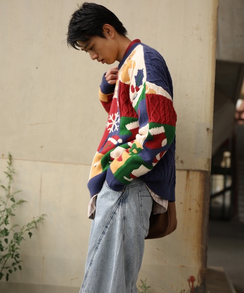 セーター ニット HOOK -original- 厚手パッチワーククリスマスニット