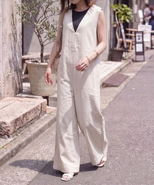 Emma（エマ） オールインワン Vネック綿麻サロペット ゆったり