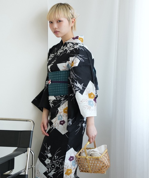 utatane 浴衣 浴衣 単品 ブラックに松皮菱取と桔梗 レディース