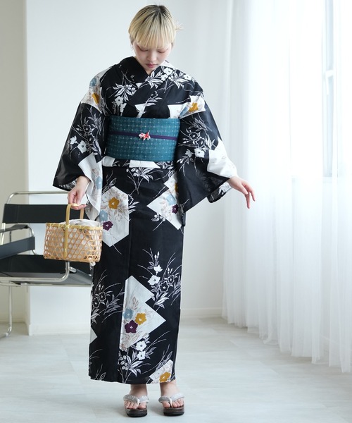 utatane 浴衣 浴衣 単品 ブラックに松皮菱取と桔梗 レディース