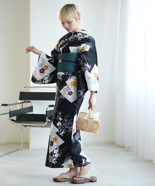 utatane 浴衣 浴衣 単品 ブラックに松皮菱取と桔梗 レディース