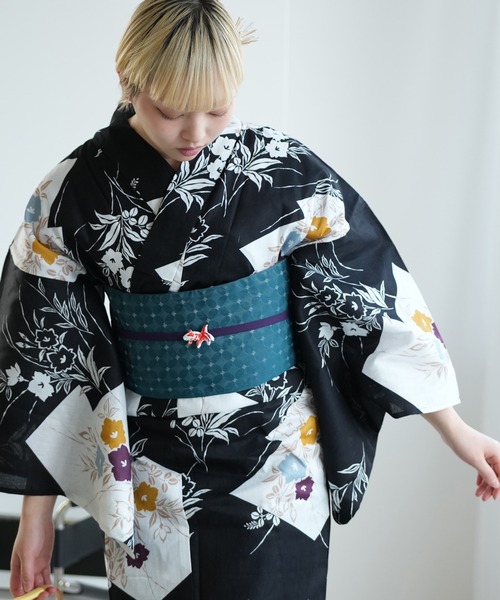 utatane 浴衣 浴衣 単品 ブラックに松皮菱取と桔梗 レディース