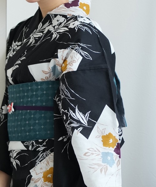 utatane 浴衣 浴衣 単品 ブラックに松皮菱取と桔梗 レディース