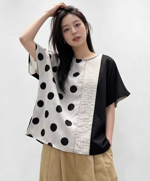 WESTSEA（ウエストシー） ブラウス シャツ 半袖 異素材切替ドット