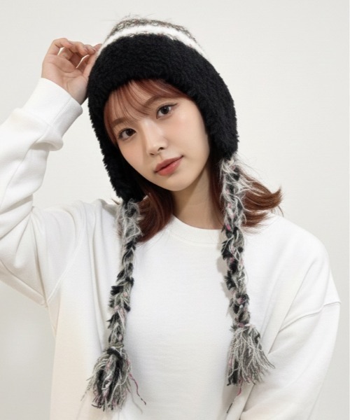 ニット帽 ニットキャップ 「HIKA」モヘアイヤーストラップボーダー