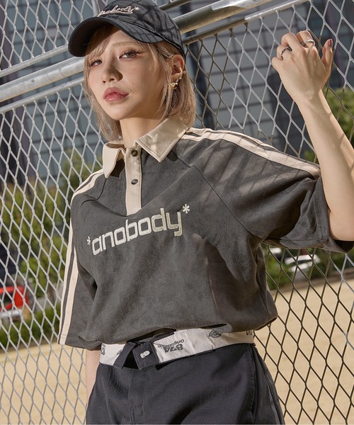 ポロシャツ ポロ 「*anobody* / アノバディー」Suede-touch Embroidered Polo Shirt/ スエードタッチ エン