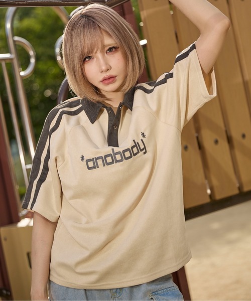 ポロシャツ ポロ 「*anobody* / アノバディー」Suede-touch Embroidered Polo Shirt/ スエードタッチ エン anobody ポロシャツ ポロ 「*anobody* / アノバディー」Suede