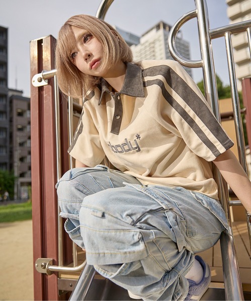 ポロシャツ ポロ 「*anobody* / アノバディー」Suede-touch Embroidered Polo Shirt/ スエードタッチ エン anobody ポロシャツ ポロ 「*anobody* / アノバディー」Suede
