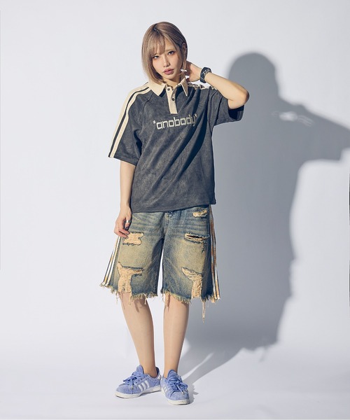ポロシャツ ポロ 「*anobody* / アノバディー」Suede-touch Embroidered Polo Shirt/ スエードタッチ エン anobody ポロシャツ ポロ 「*anobody* / アノバディー」Suede
