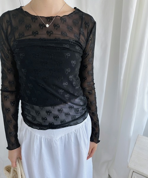 aimoha tシャツ 透け感リボン柄シアートップス レディース