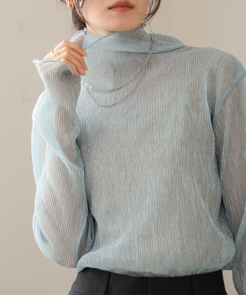 超美品　プリーツプリーズ　ベーシックハイネックトップス　XL相当 BAB tシャツ プリーツシアーハイネックトップス レディース