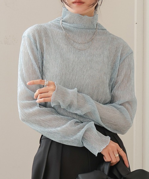 超美品　プリーツプリーズ　ベーシックハイネックトップス　XL相当 High Neck Sheer Top / 01Burning｜ハイネックシアートップス