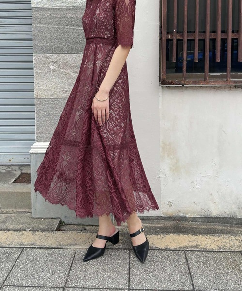 ハシゴレースワンピース結婚式パーティードレスお呼ばれオケージョンドレス同窓会 PourVous｜ハシゴレース切替ワンピース結婚式オケージョンドレス