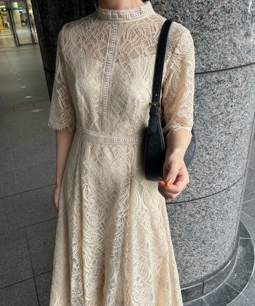 ハシゴレースワンピース結婚式パーティードレスお呼ばれオケージョンドレス同窓会 PourVous｜ハシゴレースワンピース結婚式パーティードレス
