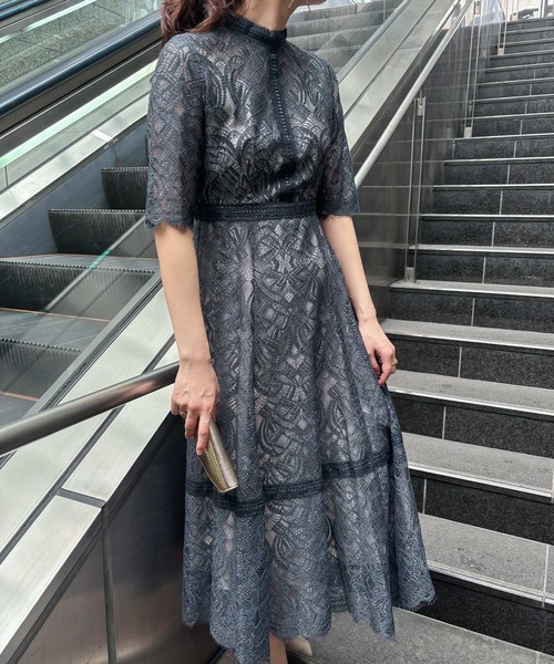 ドレス 配色ハシゴレース切替ドレス 結婚式 パーティードレス
