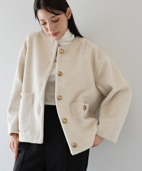 【良品】Ballsey ダブルボタン　シャギー切替　ノーカラーウールコート 良品】Ballsey ダブルボタン シャギー切替 ノーカラーウールコート