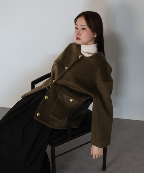 【良品】Ballsey ダブルボタン　シャギー切替　ノーカラーウールコート 良品】Ballsey ダブルボタン シャギー切替 ノーカラーウールコート