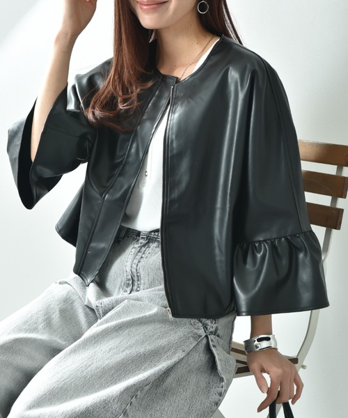 極美品✨ SOV. レザー ジャケット　ノーカラー　フリル FEKETE スーツ NO COLLAR FRILL JACKET / ノーカラーフリル