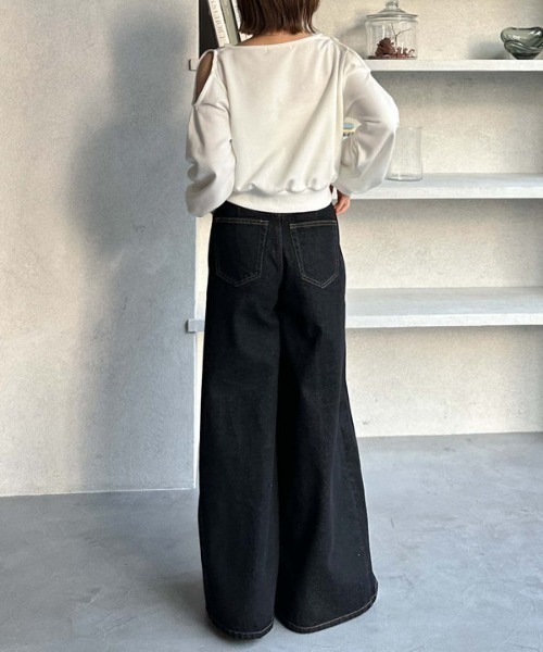 as\"on黒のワイドデニムパンツ（ason） AOZORA強撚ブラックデニムロングガゼットパンツ(MENS