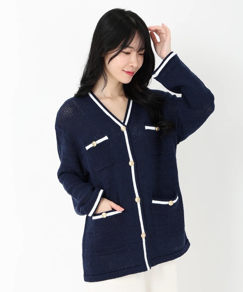 STRAWBERRY-FIELDS パールトリミングニットジャケット ネイビー