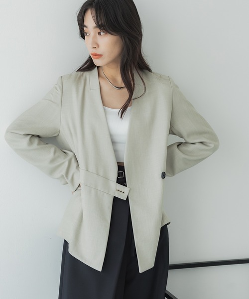 【美品】UNITED TOKYO グレー ノーカラージャケット Mサイズ UNITED TOKYO ノーカラージャケット グレー レディースのノーカラー