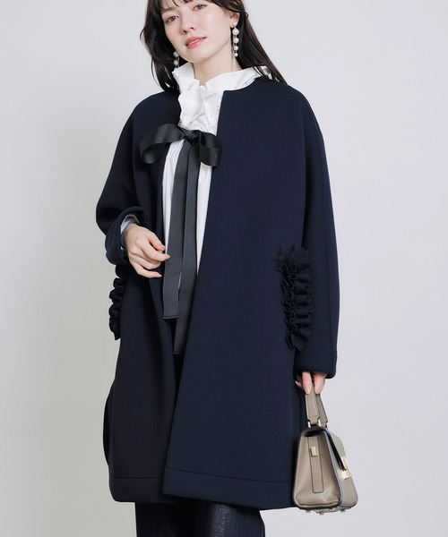 PICCIN ノーカラー ロングコート パール ポケット ホワイト フォーマル PICCIN PERLA ノーカラーコート コート パールポケットコート