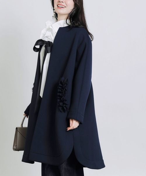 美品　スプリングコート Aラインコート　ネイビー 38 SHIPS any: ドライツイル ショールカラー Aライン コート［NAVY BLUE