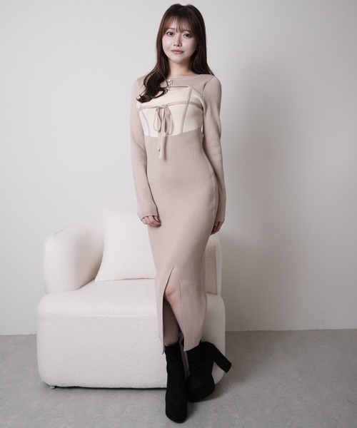 LIP SERVICE デコルテオープンバイカラーリボンニットワンピース ロング LIP SERVICE（リップサービス） ワンピース デコルテオープンバイ