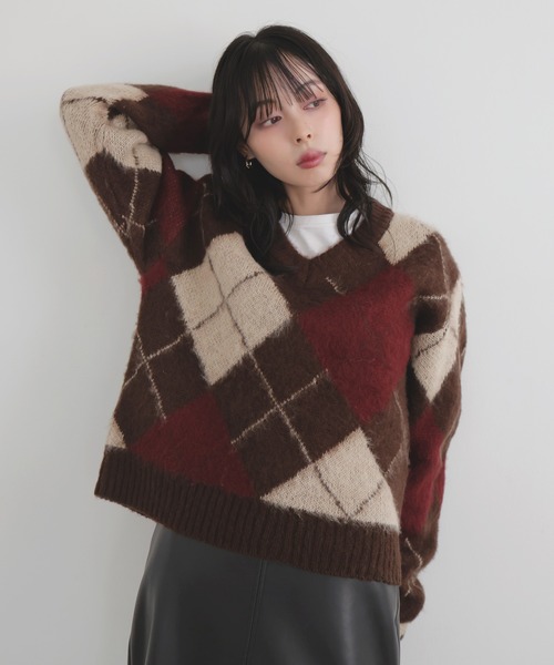 LIAN（リアン） ニット セーター アーガイルVネックニットプルオーバー