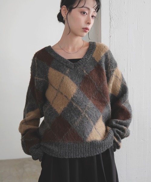 LIAN（リアン） ニット セーター アーガイルVネックニットプルオーバー