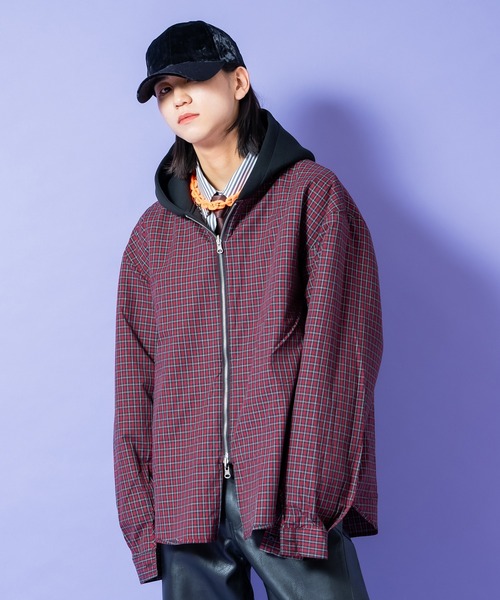 パーカー a.p.o.v. リバーシブルチェックシャツジャケット×フェイク
