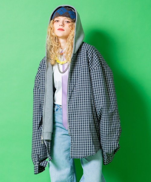 パーカー a.p.o.v. リバーシブルチェックシャツジャケット×フェイク