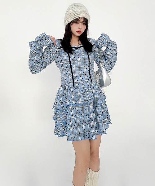 ワンピース HOOK for girls -original- チェックアシンメトリーフリル