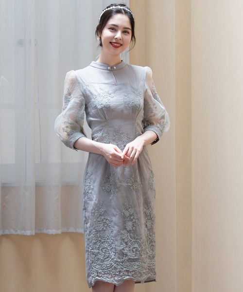 「DRESS PLUS」 7分袖ワンピース L クリアブラウン レディース_画像4